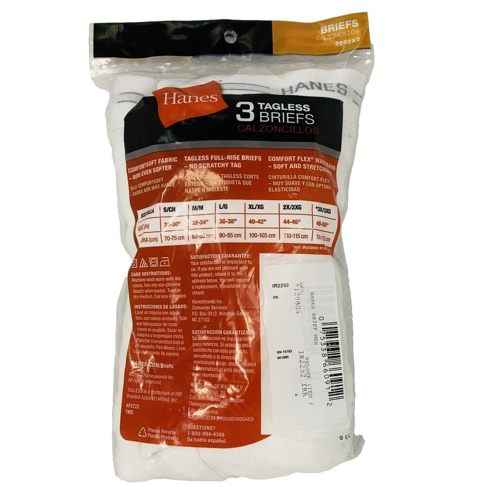 3 Mens Hanes White Cotton Briefs 2XL 44-46 Full Rise Big Slightly Imperfect 2014 - Picture 5 of 11